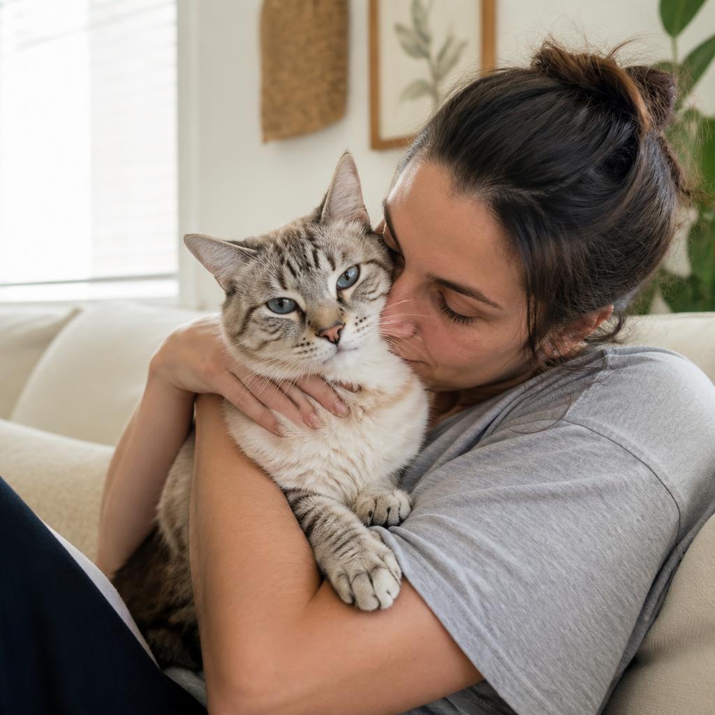 Tutora acolhendo seu gato no sofá de casa